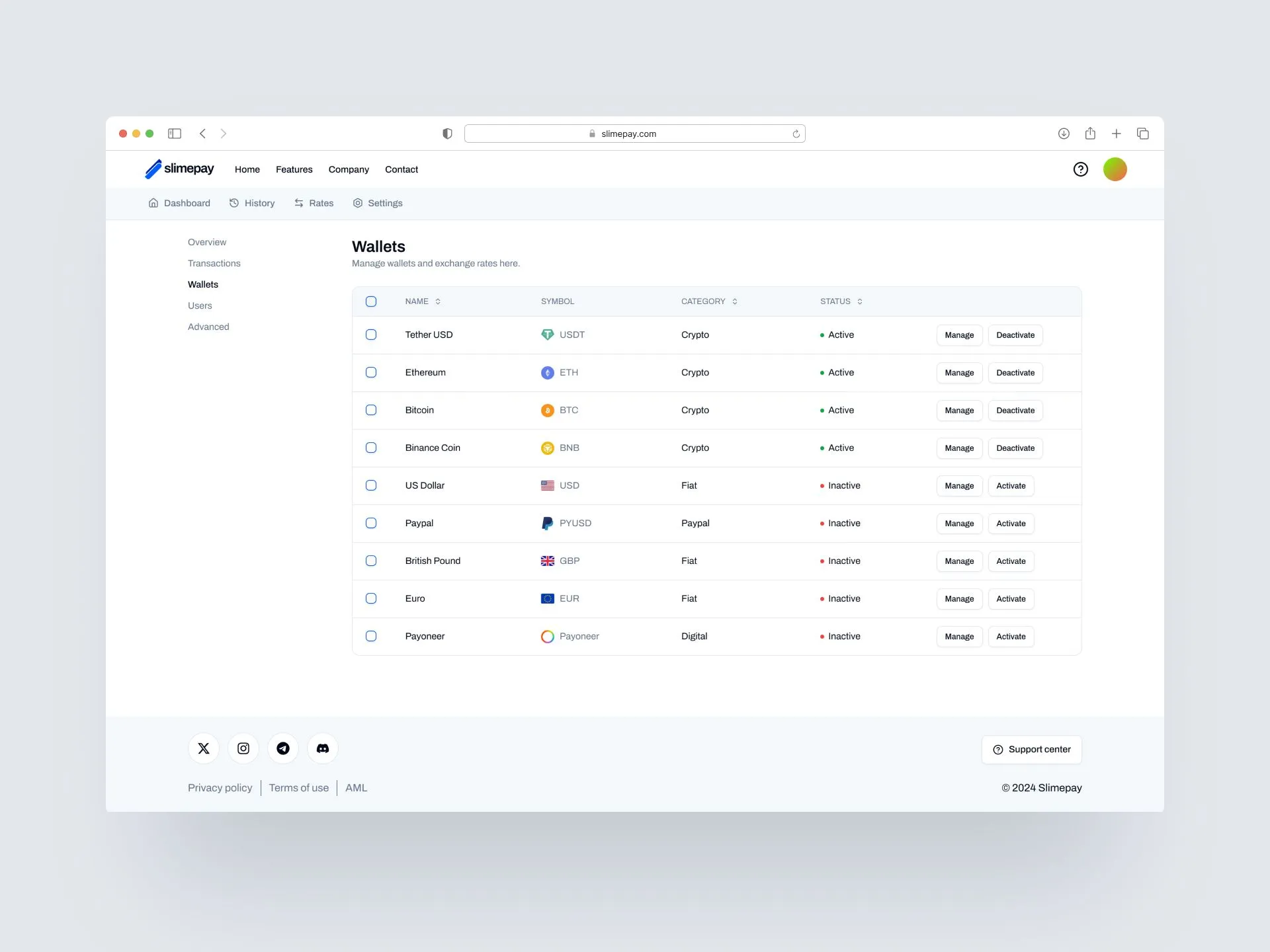 Slimepay admin wallets