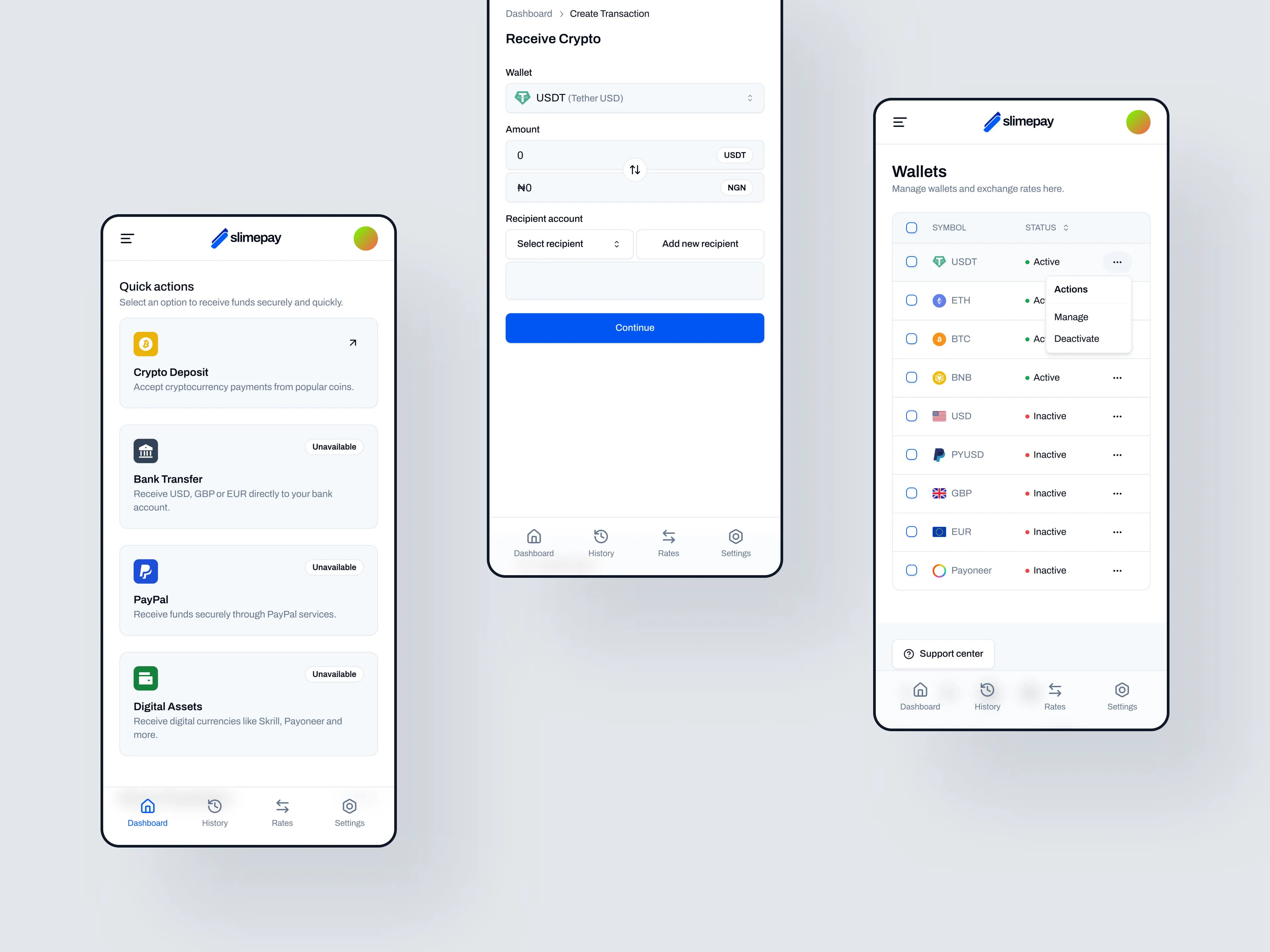 Slimepay mobile home screens